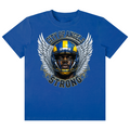 A royal blue short-sleeve t-shirt with a graphic print of a football helmet with wings and the text 'CITY OF ANGELS STRONG' on the front, displayed against a solid white background.