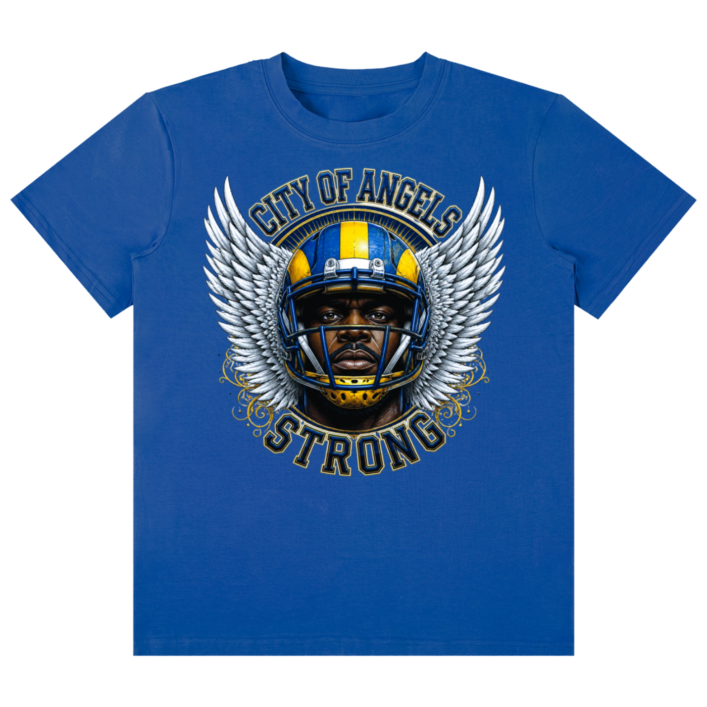 A royal blue short-sleeve t-shirt with a graphic print of a football helmet with wings and the text 'CITY OF ANGELS STRONG' on the front, displayed against a solid white background.
