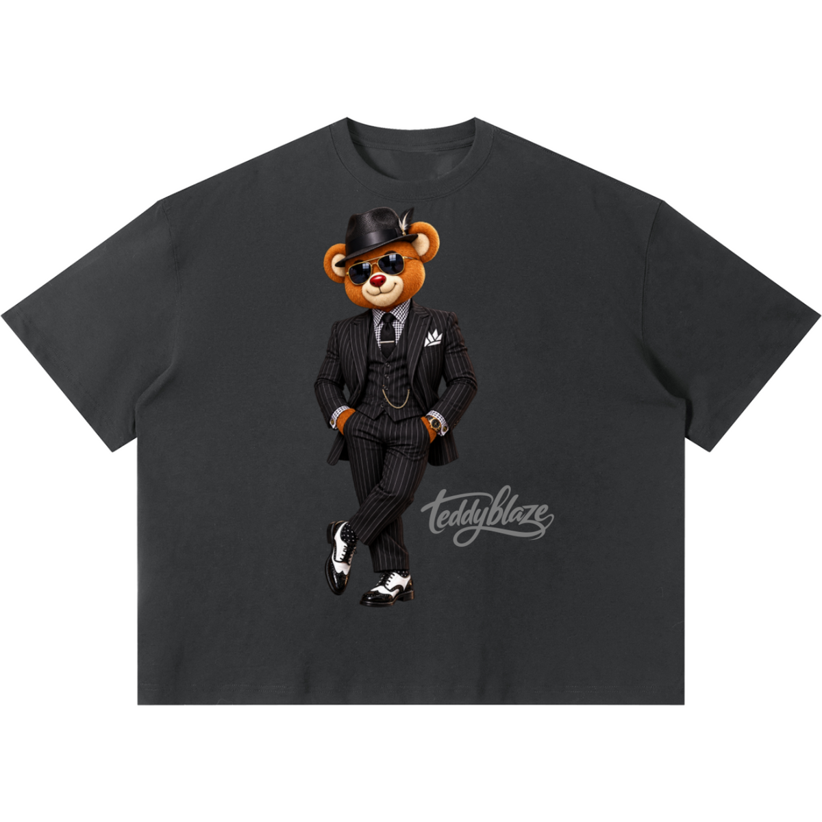 Shop the Dapper Blaze Boxy Tee by Teddy Blaze. 220 GSM cotton-poly oversized drop-shoulder t-shirt with pinstripe-suited bear graphic from TOPS BY TEDDY BLAZE.