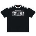 A black short-sleeve t-shirt with a white crew neck and shoulder stripes, featuring a white graphic print on the chest that reads 'NEW YORK TDY BLZ THE EMPIRE STATE' with a cannabis leaf motif.