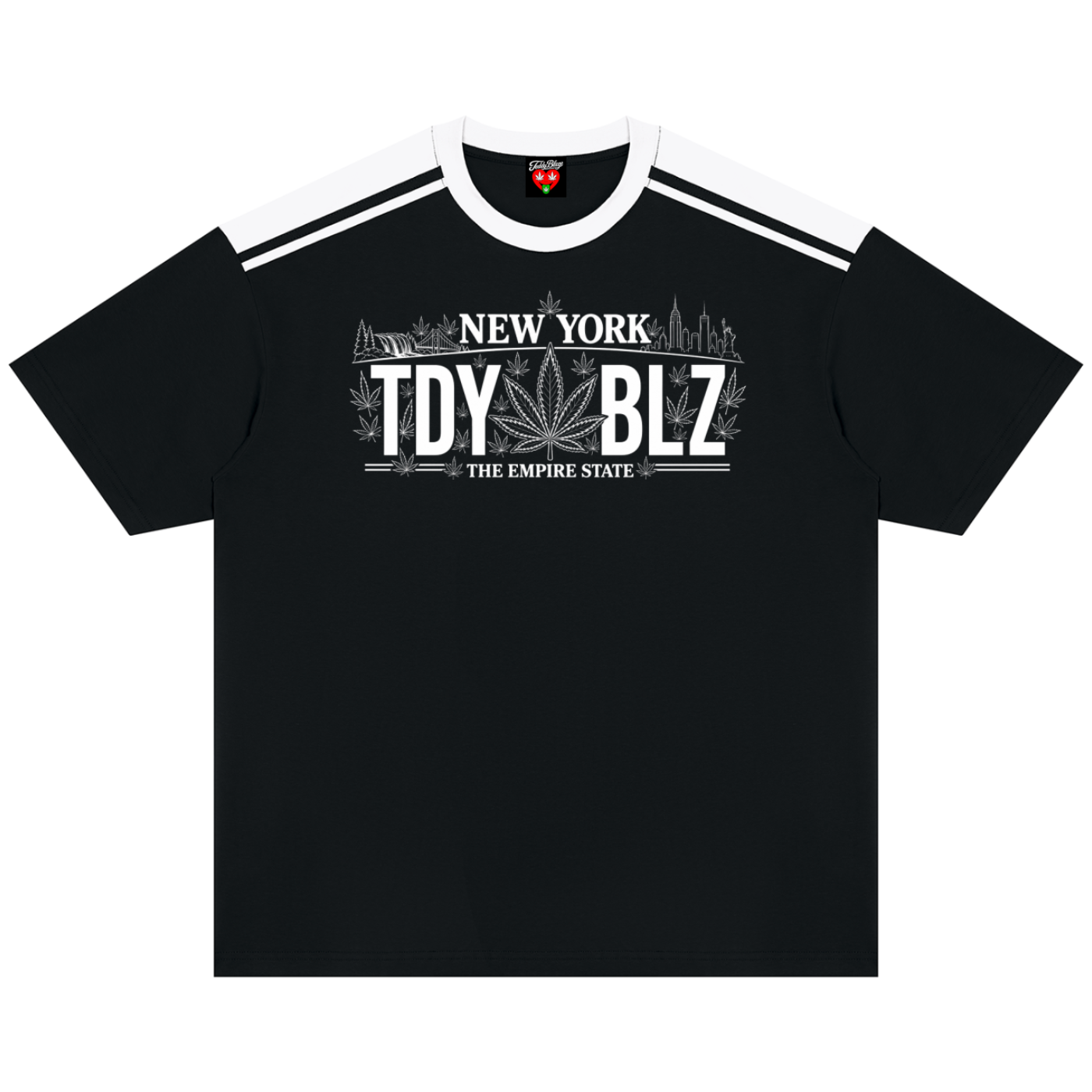 A black short-sleeve t-shirt with a white crew neck and shoulder stripes, featuring a white graphic print on the chest that reads 'NEW YORK TDY BLZ THE EMPIRE STATE' with a cannabis leaf motif.