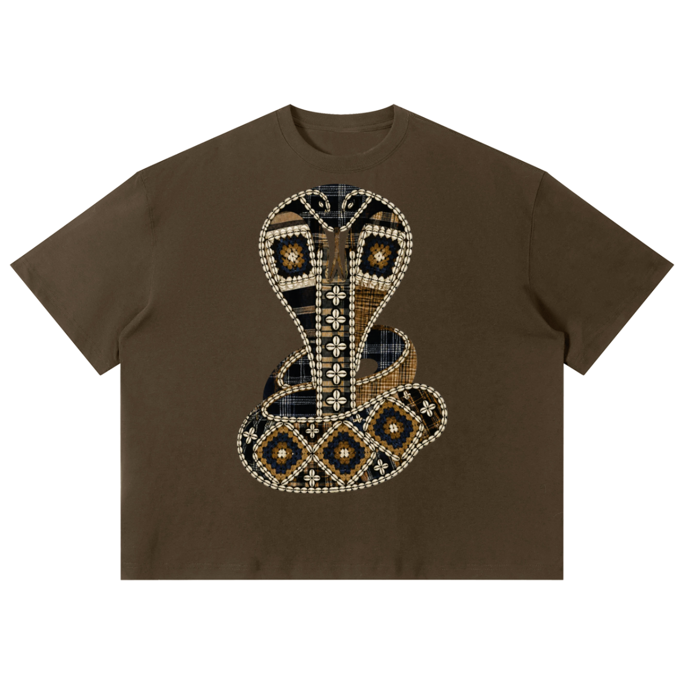 A brown short-sleeve crop top featuring a large, detailed snake graphic on the front. The snake is decorated with a mix of plaid patterns in navy, beige, and brown, outlined with rows of small rhinestones.