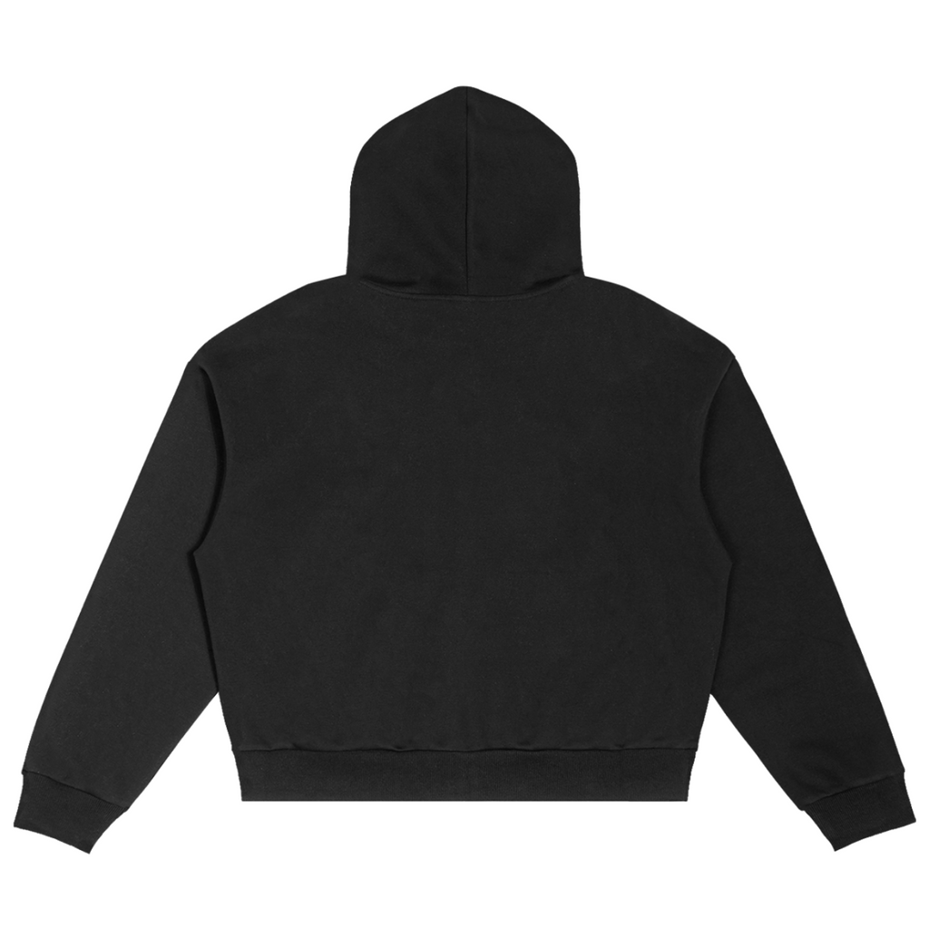 Elevate your casual outerwear with the House of Teddy Blaze Signature Plaid Detail Box Cut Zip Hoodie. Black 350 gsm fleece, plaid-lined hood, full zip front, and script logo chest graphic. Shop NYC to Vegas style.