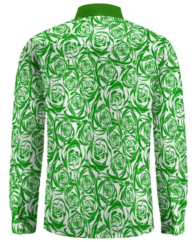 Shop the Iron + Ivy Emerald Rose Peach Velvet Shirt by Teddy Blaze. Long sleeve button-down in soft peach velvet featuring a green rose graphic print and solid collar.