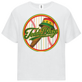 A white short-sleeve crewneck t-shirt featuring a circular graphic on the chest. The graphic depicts a baseball with red stitching, a green and red cap, a brown bat, and the text 'Teddy Blaze' in green script.