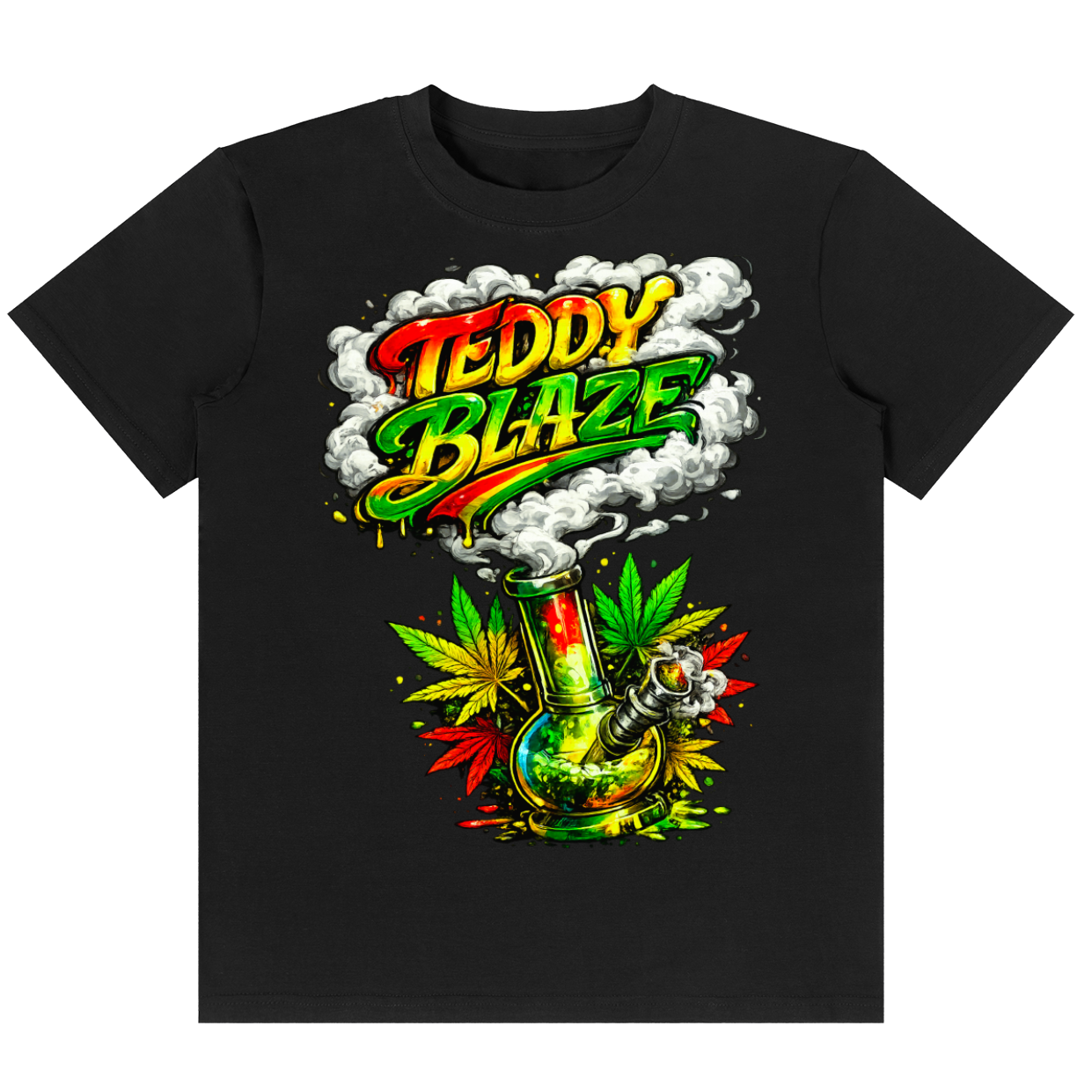 A black short-sleeve crewneck t-shirt featuring a colorful graphic print on the front. The design displays the text 'TEDDY BLAZE' in a red, yellow, and green gradient with white smoke, above an illustration of a green glass bong decorated with cannabis leaves and a skull.