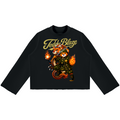 A black long-sleeve crop top sweatshirt featuring a graphic of two cartoon teddy bears in camouflage with flames, under the text 'Teddy Blaze'.
