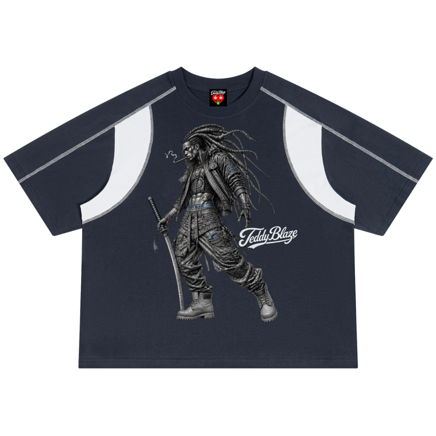 A navy blue short-sleeve t-shirt with white curved shoulder panels and a large graphic of a dreadsled warrior holding a sword on the front. The graphic includes the text 'FettyBlaze'.