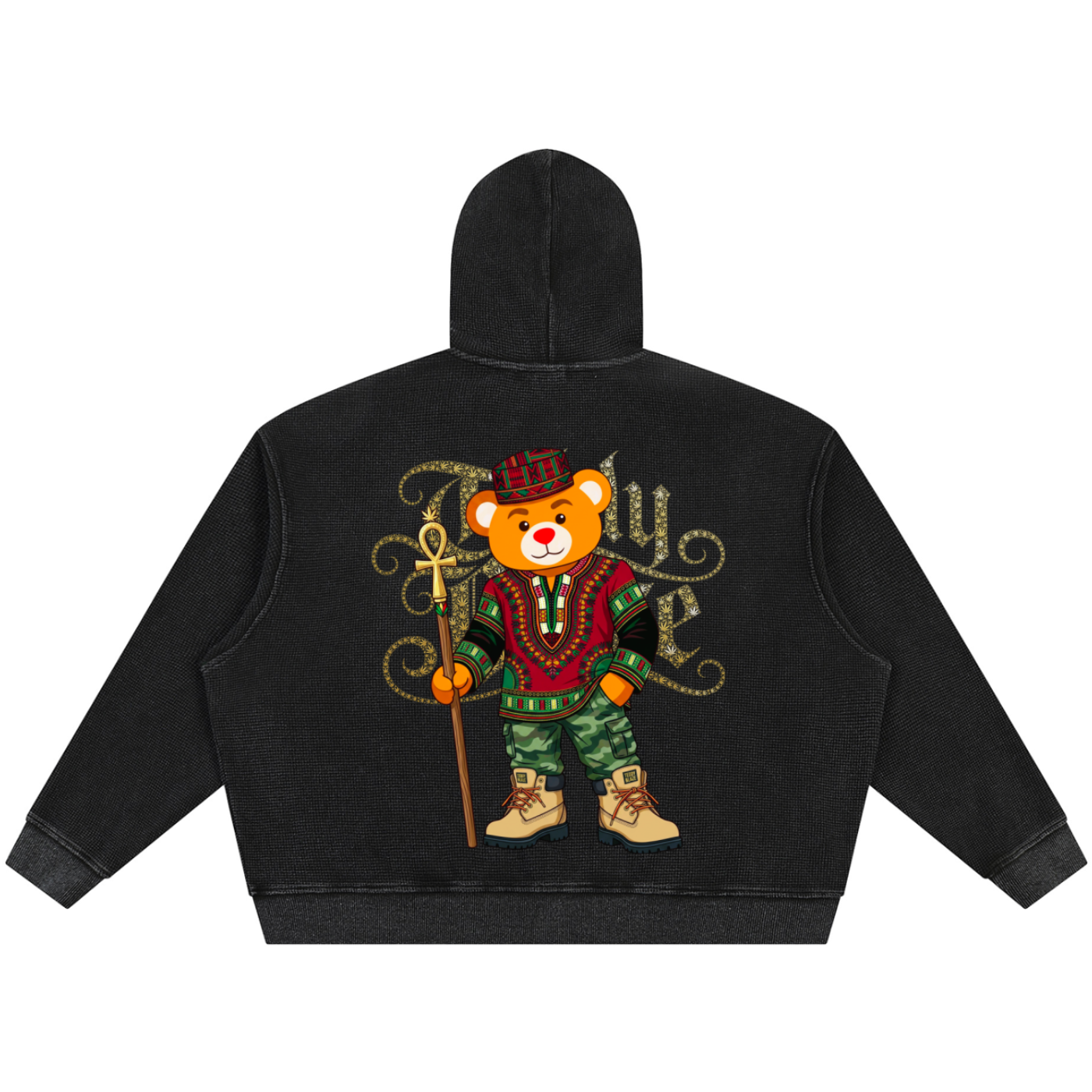 A black cropped hoodie shown from the back, featuring a large graphic of a teddy bear dressed in a red and green military-style uniform with a gold trident and decorative lettering.