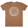 A brown short-sleeve crewneck t-shirt with an all-over leopard print pattern, featuring a circular white graphic on the chest with the text 'TEDDY BLAZE' in the center.