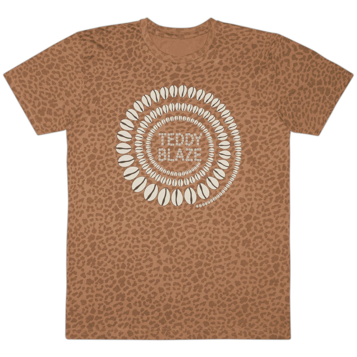 A brown short-sleeve crewneck t-shirt with an all-over leopard print pattern, featuring a circular white graphic on the chest with the text 'TEDDY BLAZE' in the center.