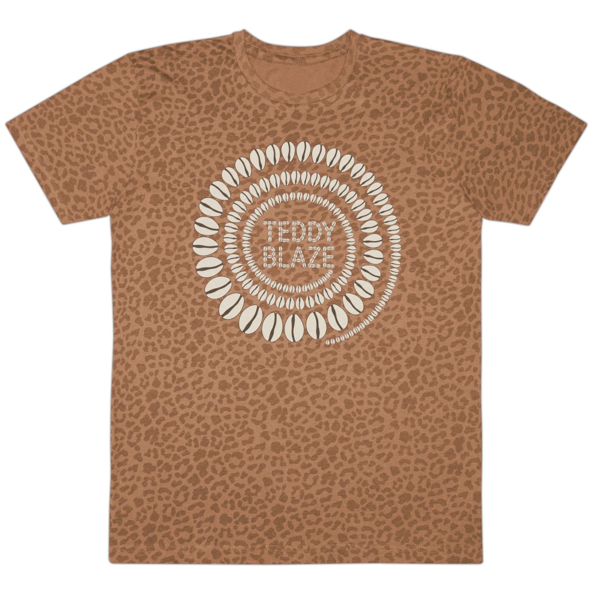 A brown short-sleeve crewneck t-shirt with an all-over leopard print pattern, featuring a circular white graphic on the chest with the text 'TEDDY BLAZE' in the center.