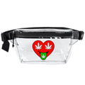 A clear plastic fanny pack with a black adjustable strap and zipper, featuring a graphic of a red heart with white cannabis leaves in its eyes and a green cannabis leaf on its tongue.