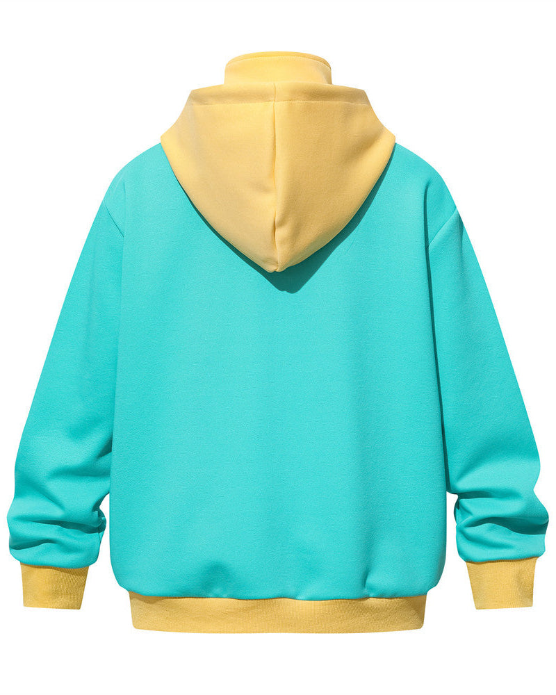 Discover the Teddy Blaze green zip-front hoodie featuring contrasting yellow trim, a high hooded collar, and dimensional star button appliques. A standout piece built for high-impact casual style.