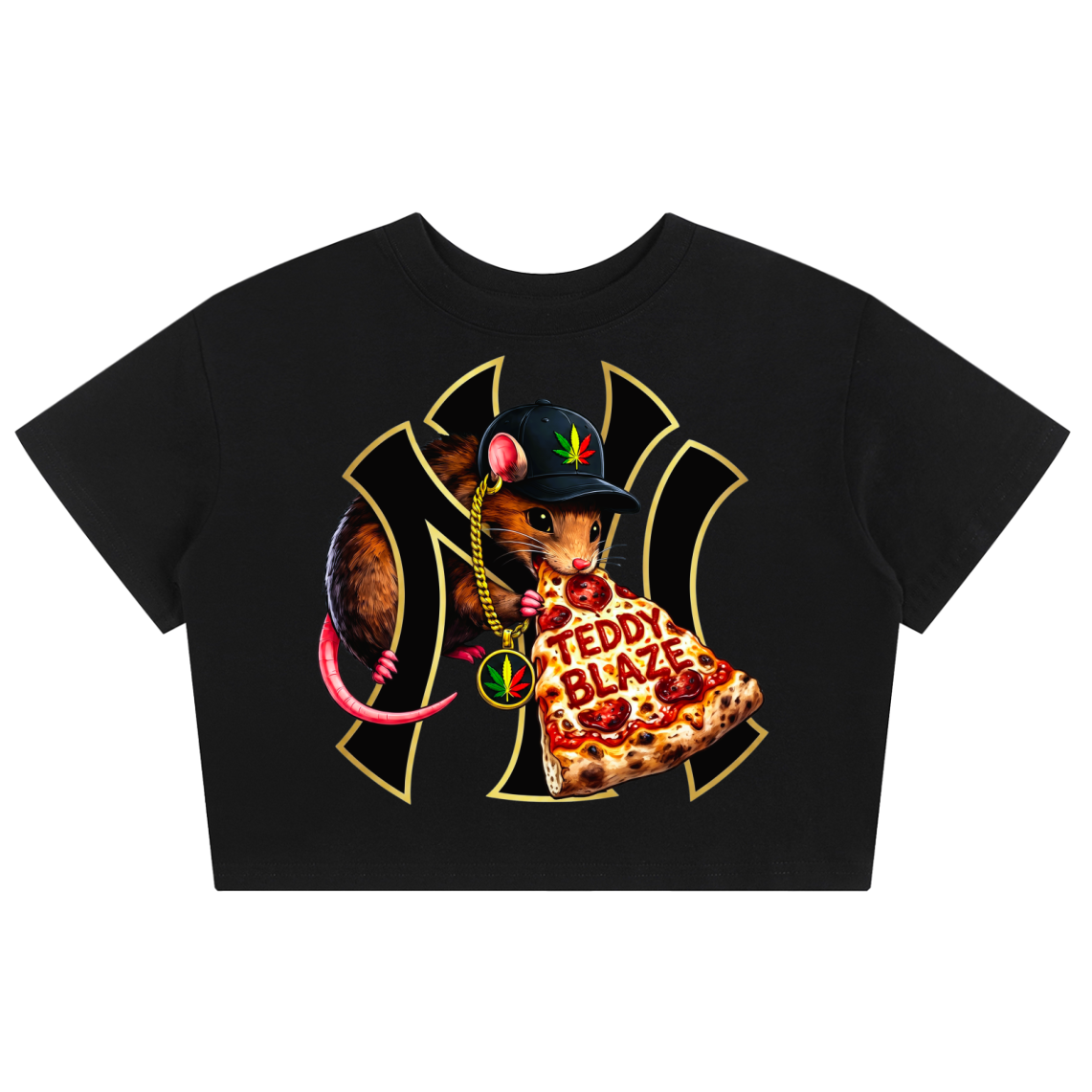 A black short-sleeve crop top t-shirt featuring a graphic print of a hamster wearing a black NY Yankees cap and sunglasses, holding a slice of pepperoni pizza with the words 'TEDDY BLAZE' written on it.