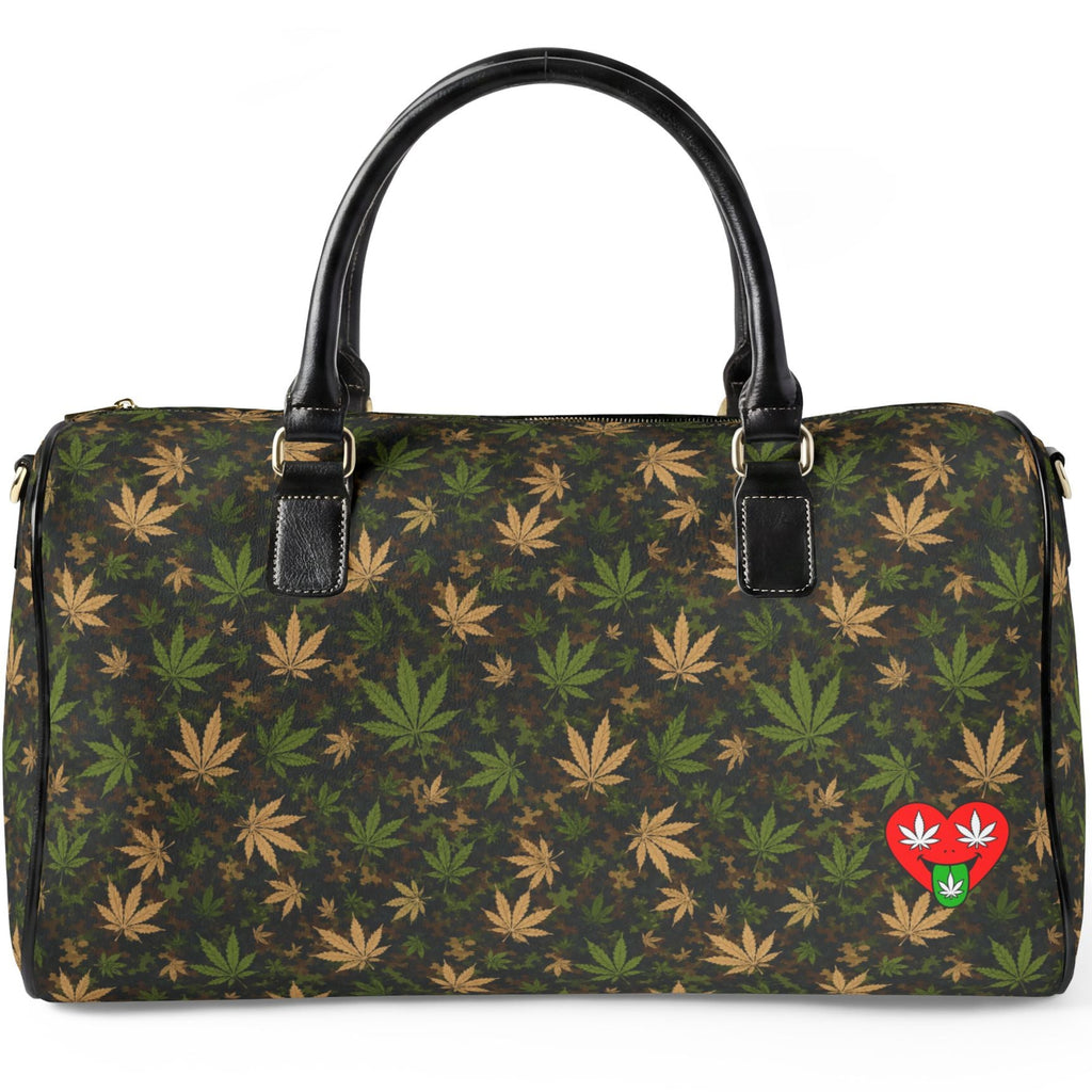 A dark green and black duffle bag with an all-over cannabis leaf pattern, featuring black leather handles and a red heart patch with a white cannabis leaf on the front right side, set against a plain white background.