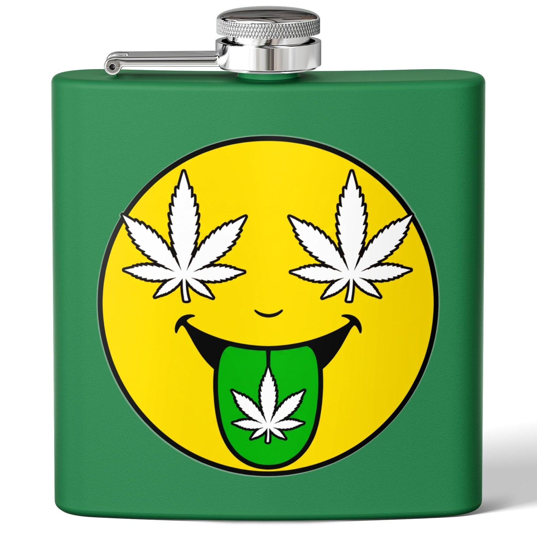 A green metal hip flask with a silver screw cap and side spout, featuring a large yellow smiley face graphic on the front with white cannabis leaves for eyes and a green leaf on the tongue.