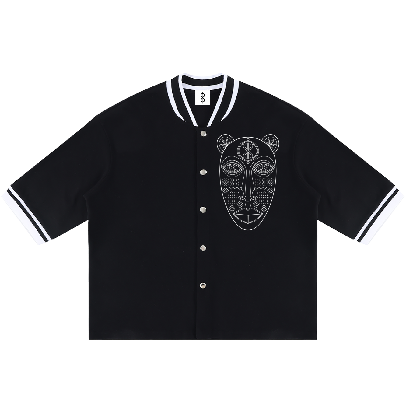 Black t-shirt with a white logo on a white background
