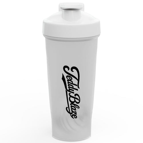 A white plastic shaker bottle with a matching white screw-on lid, featuring the brand name 'Teddy Bage' printed vertically in black script on the front, set against a plain white background.