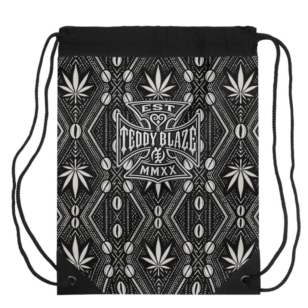 Carry DaChek™ with The Backpacker, Teddy Blaze's black-and-white drawstring backpack featuring African-inspired patternwork, lined storage and an interior zip pocket.