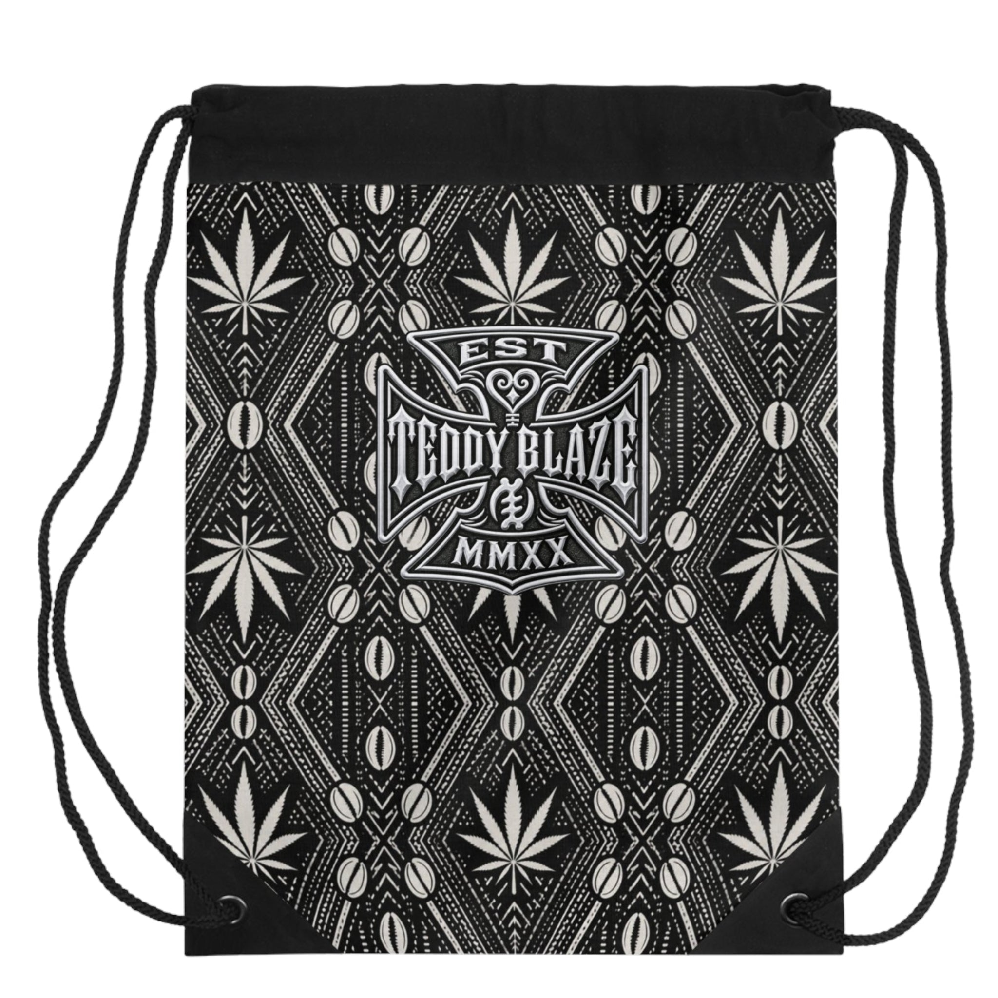 Carry DaChek™ with The Backpacker, Teddy Blaze's black-and-white drawstring backpack featuring African-inspired patternwork, lined storage and an interior zip pocket.