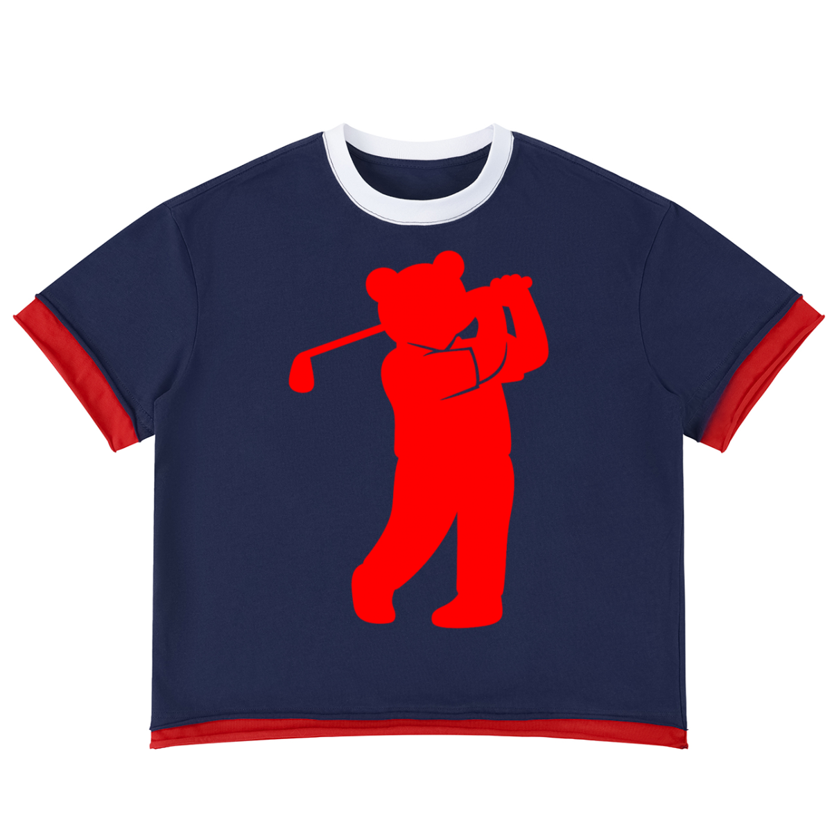 Navy blue t-shirt with red bear graphic holding a golf club on a white background