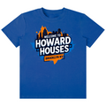 A royal blue short-sleeve t-shirt with a graphic on the front that reads 'WELCOME TO HOWARD HOUSES BROOKLYN NY' over a map silhouette, shown on a plain white background.