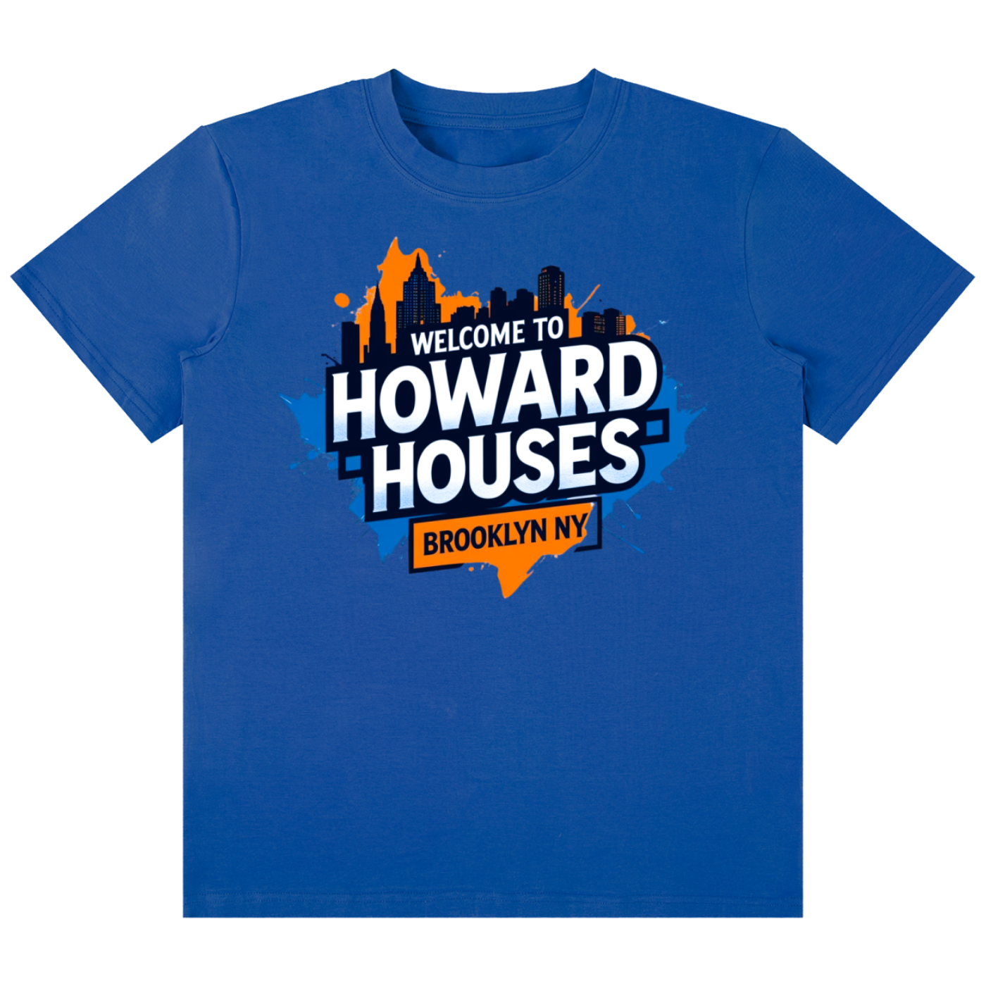 A royal blue short-sleeve t-shirt with a graphic on the front that reads 'WELCOME TO HOWARD HOUSES BROOKLYN NY' over a map silhouette, shown on a plain white background.
