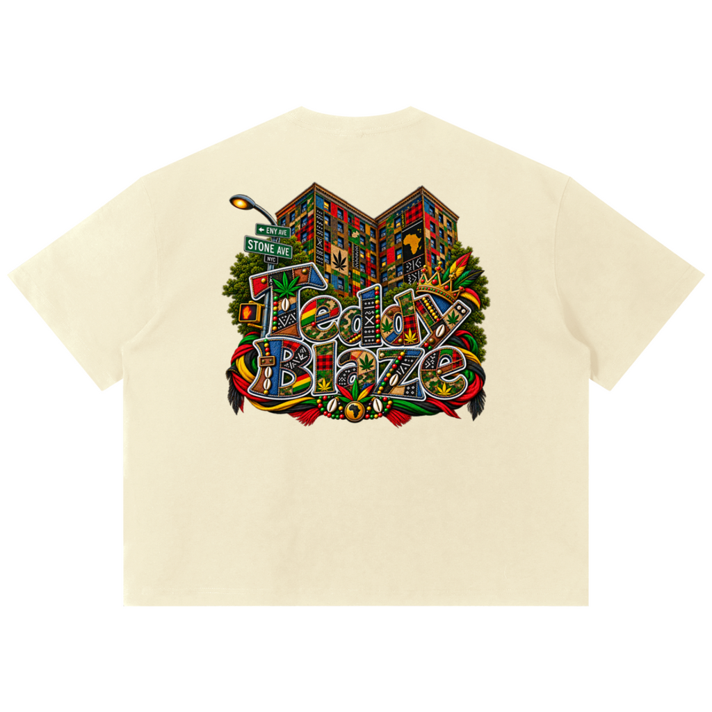 Shop the Teddy Blaze Boho ENY Sorona Boxy Tee, a relaxed unisex graphic tee featuring Teddy Blaze Boho and Brooklyn-inspired ENY artwork.