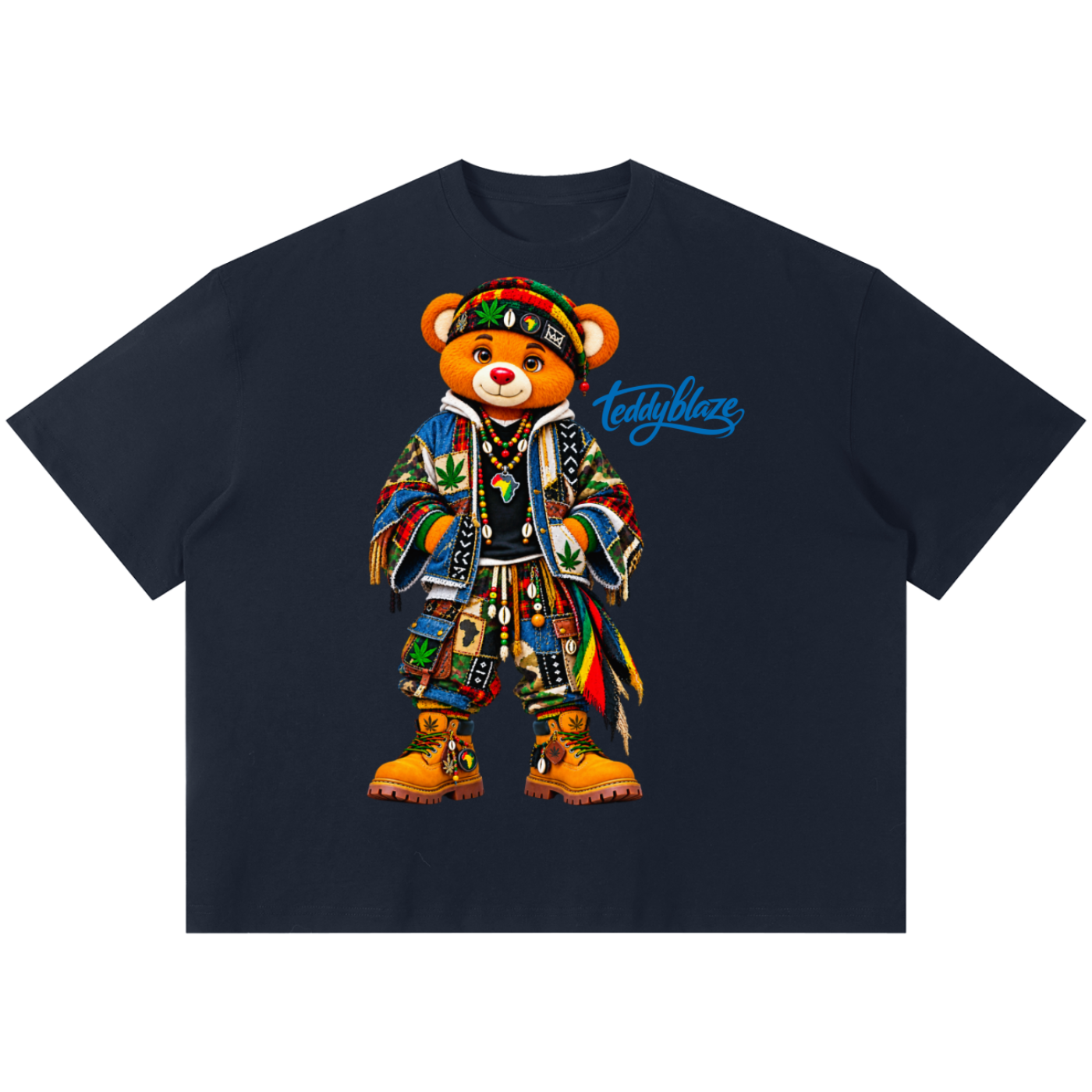 Shop the Teddy Blaze Boho Boxy Tee. 220 GSM cotton-poly oversized drop-shoulder t-shirt with boho bear graphic from TOPS BY TEDDY BLAZE.
