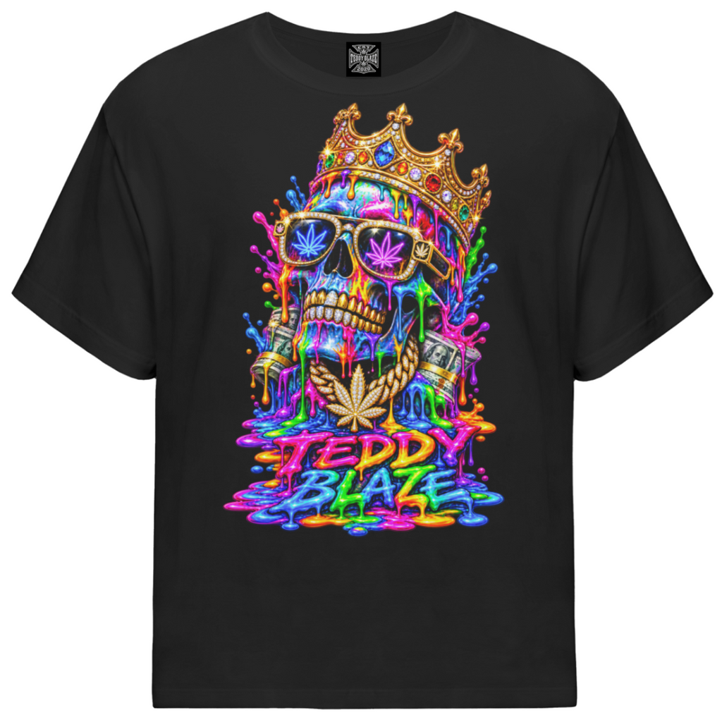 Shop the 15 Minutes Gateway Tee by Teddy Blaze. 180 GSM stretch-cotton loose-fit black graphic t-shirt with neon crowned skull drip artwork from TOPS.