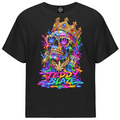 Shop the 15 Minutes Gateway Tee by Teddy Blaze. 180 GSM stretch-cotton loose-fit black graphic t-shirt with neon crowned skull drip artwork from TOPS.