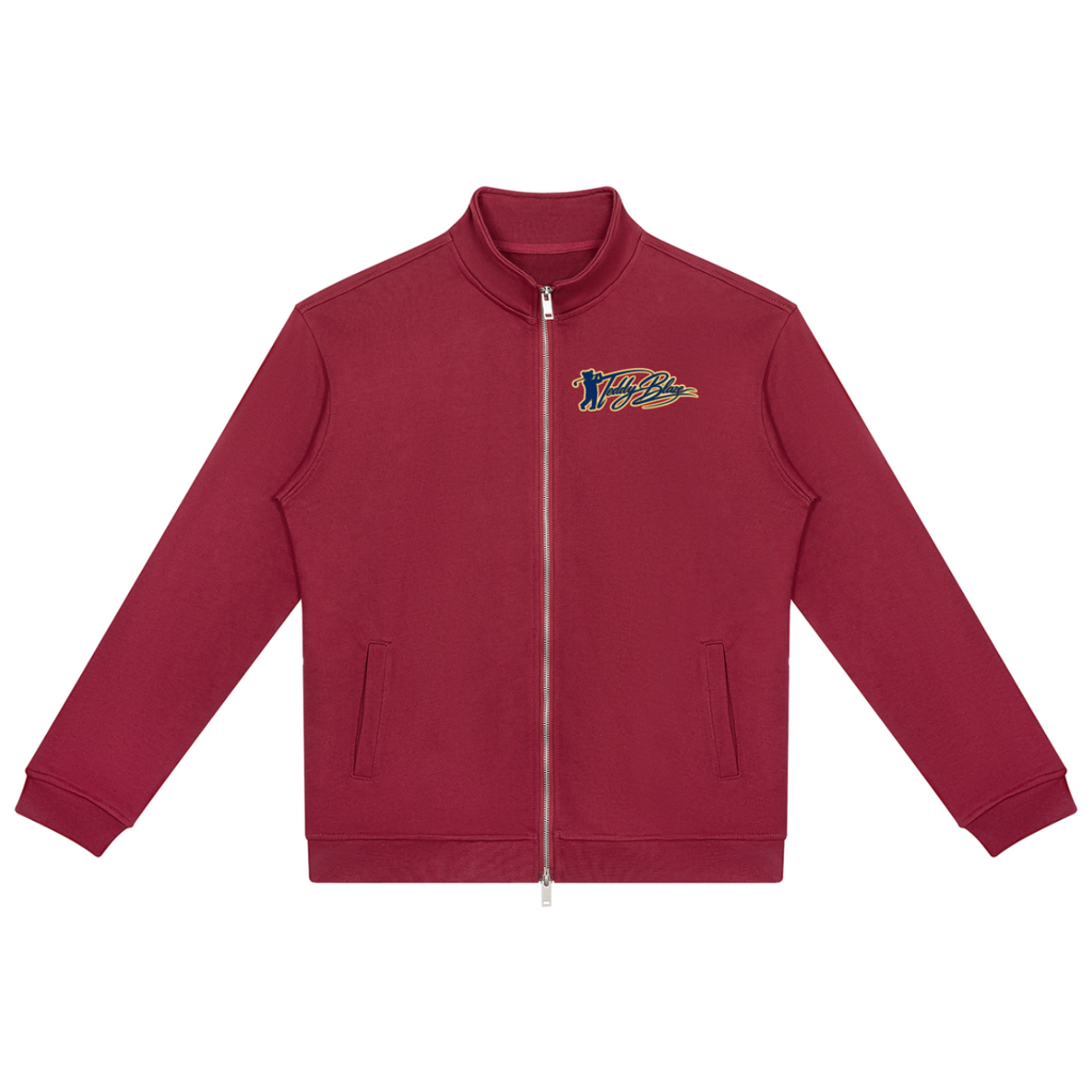 A maroon zip-up jacket with a stand collar, side pockets, and a small embroidered logo on the left chest, displayed on a solid white background.