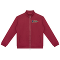 A maroon zip-up jacket with a stand collar, side pockets, and a small embroidered logo on the left chest, displayed on a solid white background.