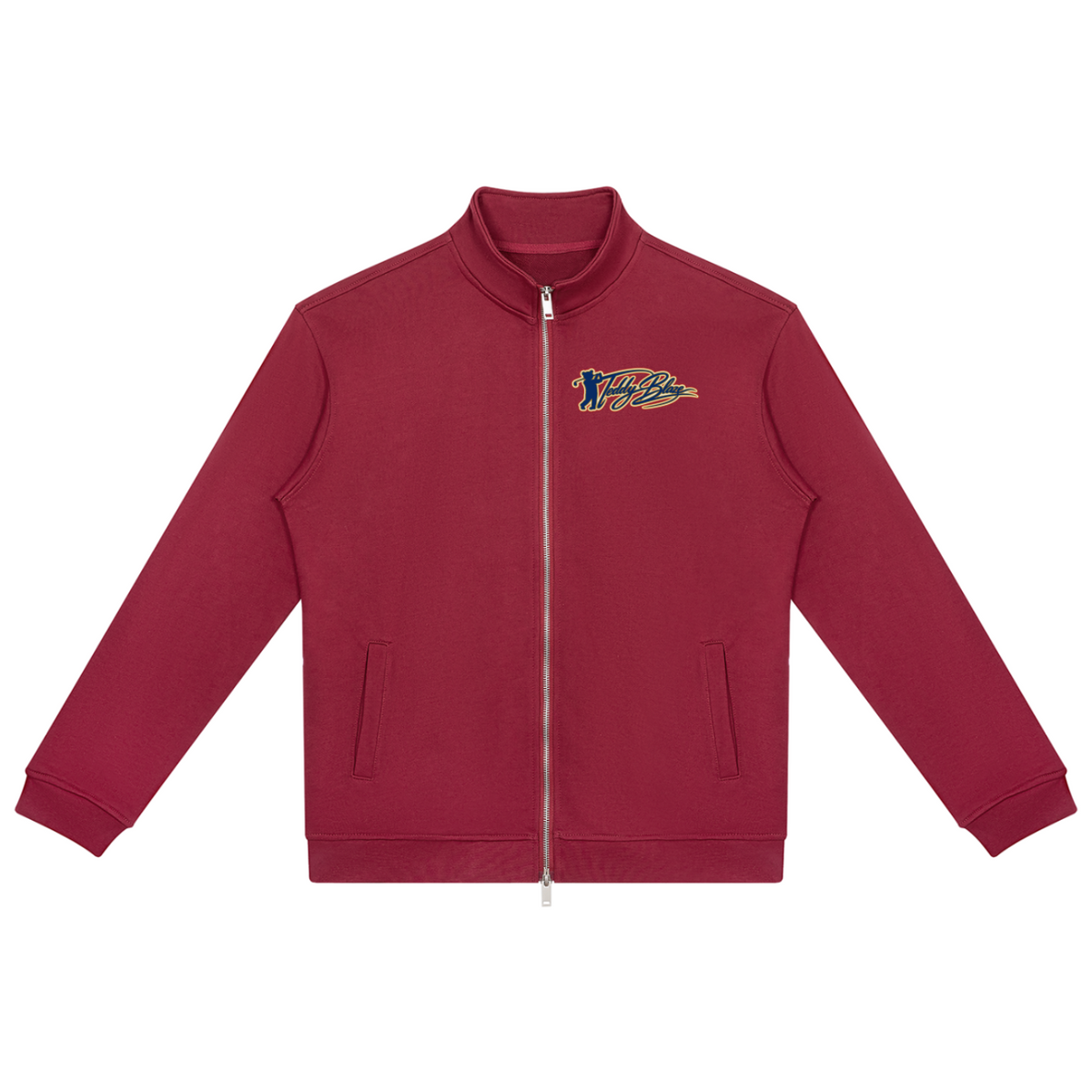 A maroon zip-up jacket with a stand collar, side pockets, and a small embroidered logo on the left chest, displayed on a solid white background.