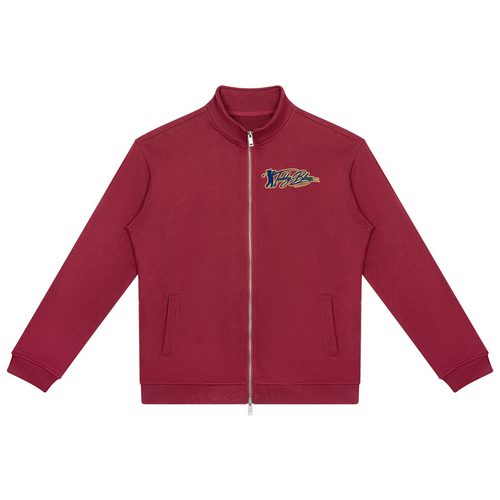 A maroon zip-up jacket with a stand collar, side pockets, and a small embroidered logo on the left chest, displayed on a solid white background.