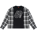A long-sleeve crewneck shirt with a black center panel featuring a distressed white '69' graphic, and black-and-white plaid sleeves, shown flat on a white background.