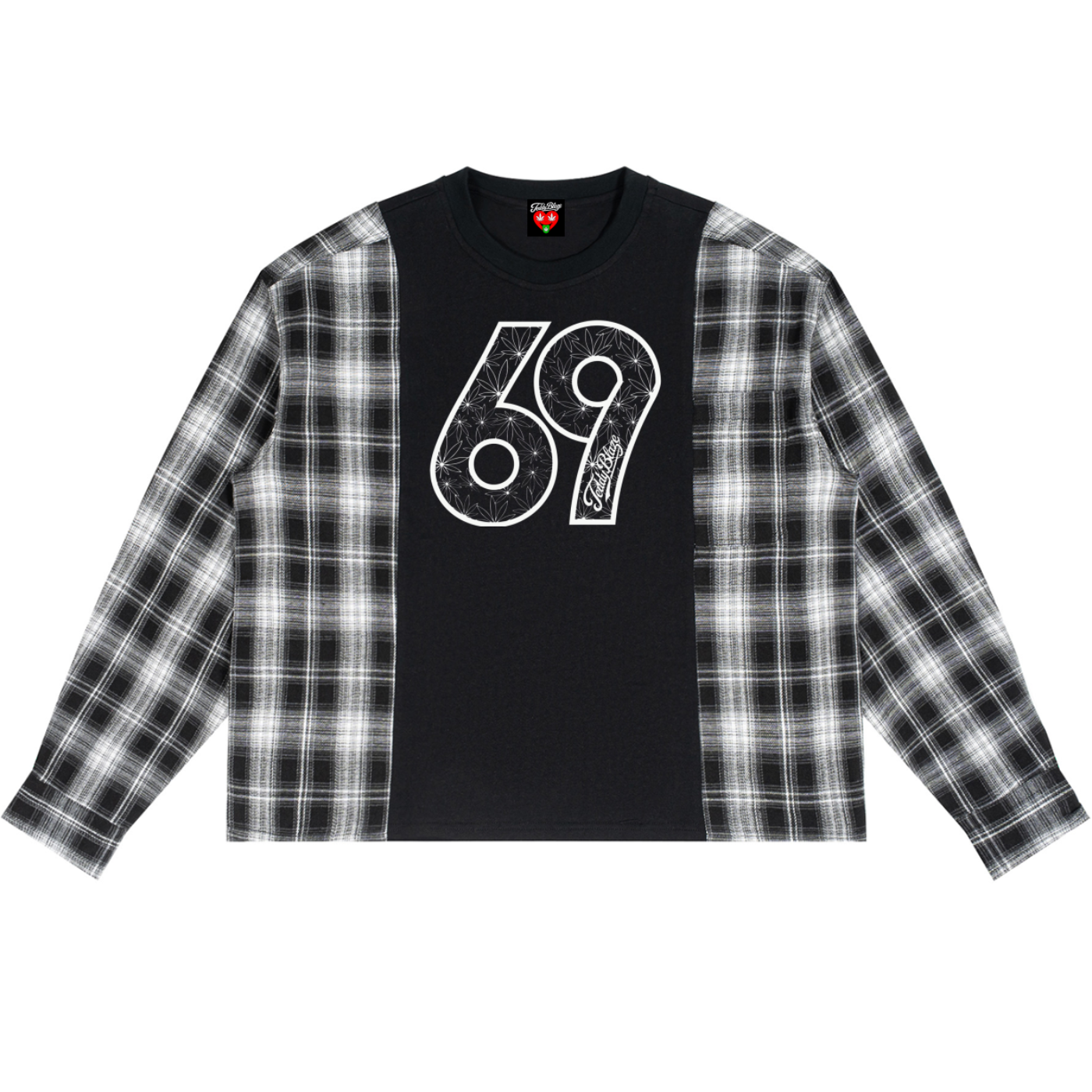 A long-sleeve crewneck shirt with a black center panel featuring a distressed white '69' graphic, and black-and-white plaid sleeves, shown flat on a white background.