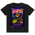 A black short-sleeve crewneck t-shirt featuring a large, colorful graphic print on the front. The graphic is styled like a retro 'Teddy Blaze' tobacco product box, with a cartoon bear wearing a Rastafarian hat holding a tobacco leaf, set against a purple background with yellow and red text.