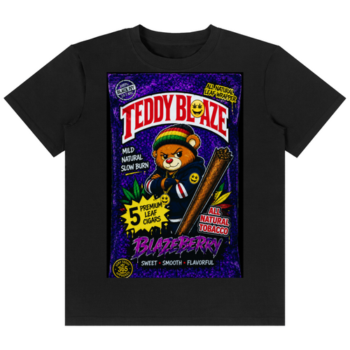 A black short-sleeve crewneck t-shirt featuring a large, colorful graphic print on the front. The graphic is styled like a retro 'Teddy Blaze' tobacco product box, with a cartoon bear wearing a Rastafarian hat holding a tobacco leaf, set against a purple background with yellow and red text.