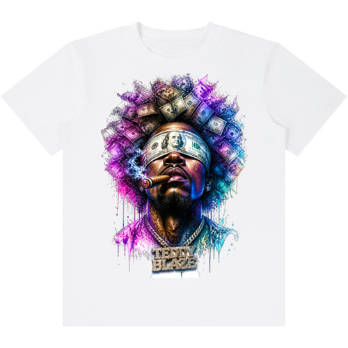 A white short-sleeve crewneck t-shirt featuring a colorful graphic print of a man with an afro hairstyle made of cash, wearing a dollar-sign blindfold and a gold chain with a 'Terry Blaze' logo.