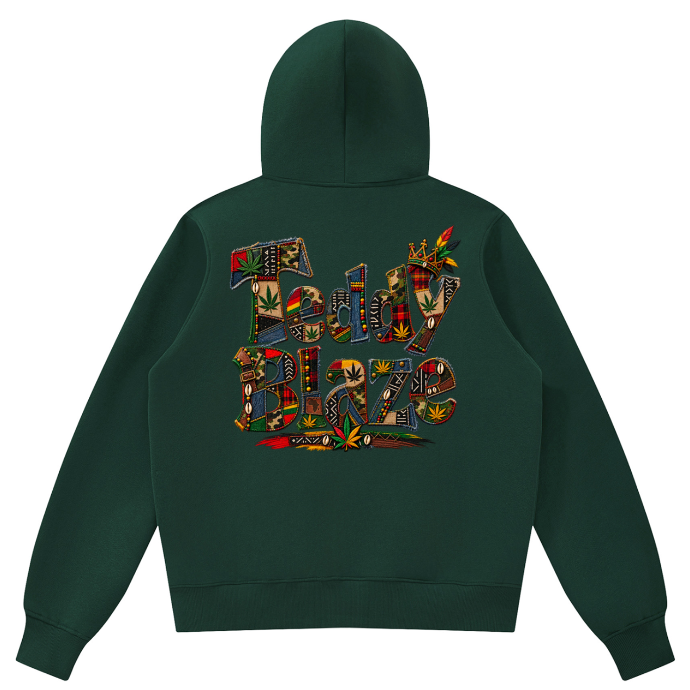 Heavyweight Teddy Blaze fleece zip hoodie featuring Boho Bearatoo on the chest and signature patchwork artwork across the back. Unisex Afrocentric streetwear.