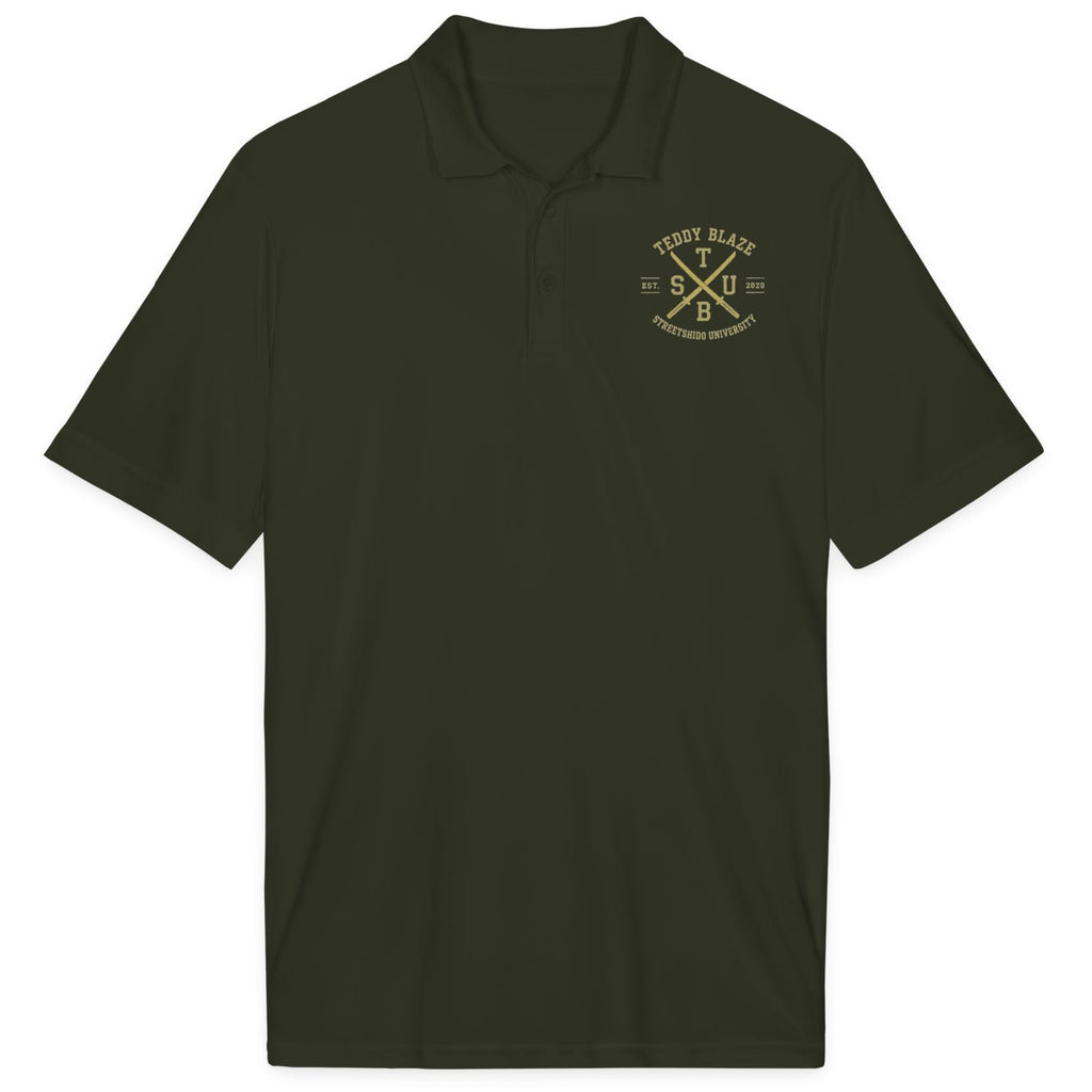 Blue polo shirt with a logo on the chest against a white background