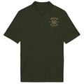 Blue polo shirt with a logo on the chest against a white background