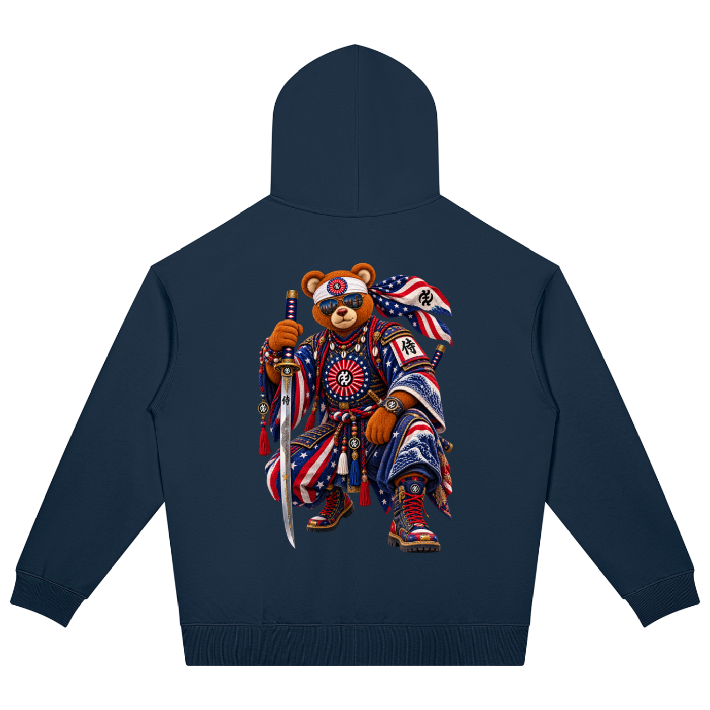 Shop the Teddy Blaze Rising oversized heavyweight hoodie featuring Gye Nyame and Teddy Blaze Samurai artwork in a bold Afrodemia Americana cultural fusion.