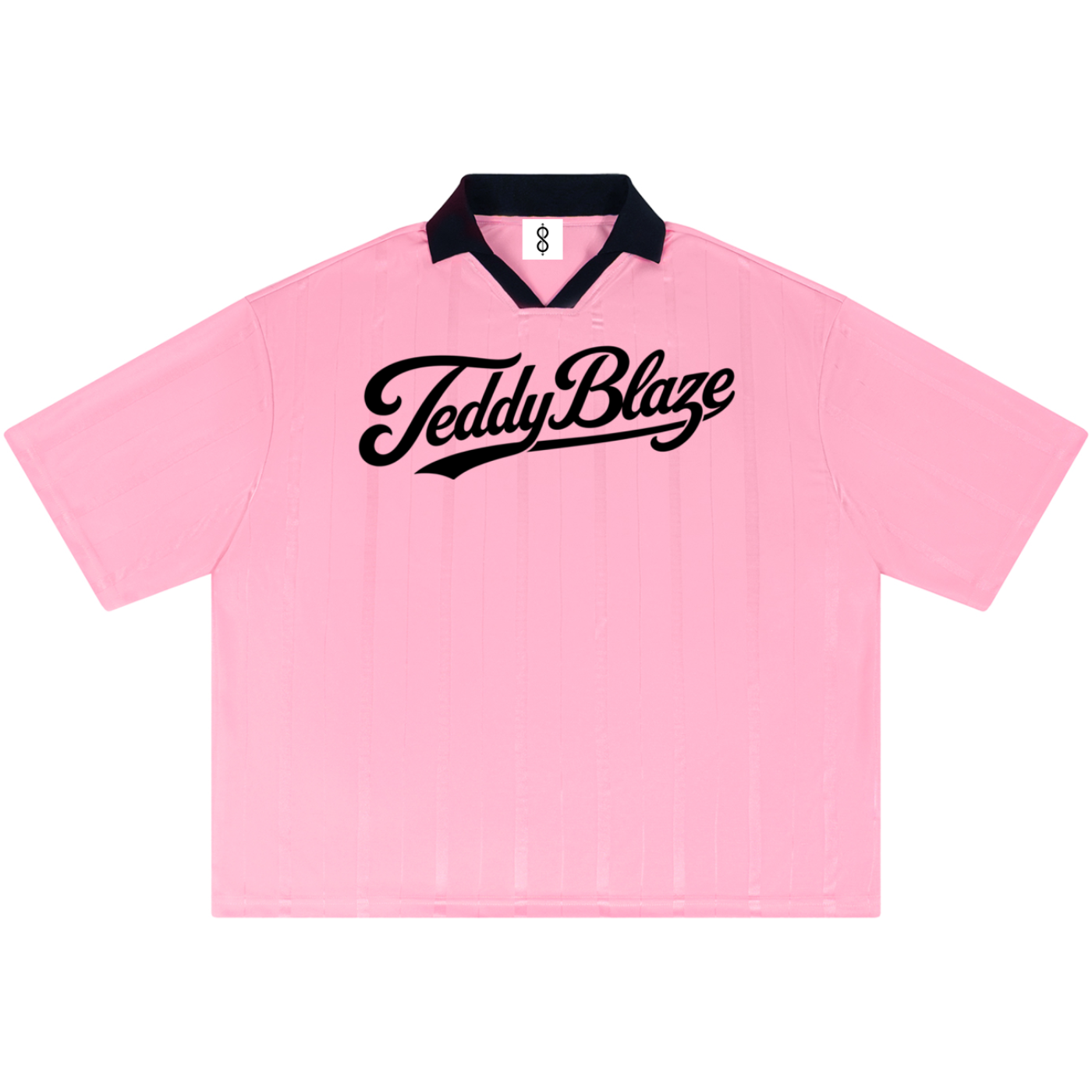 A light pink short-sleeve polo shirt with a black collar and a black 'TeddyBlaze' script logo across the chest, displayed flat against a white background.