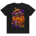 A black short-sleeve crewneck t-shirt featuring a vibrant Halloween graphic print on the front. The graphic depicts a glowing jack-o'-lantern surrounded by purple bags of 'Spooktacular Candy Co.