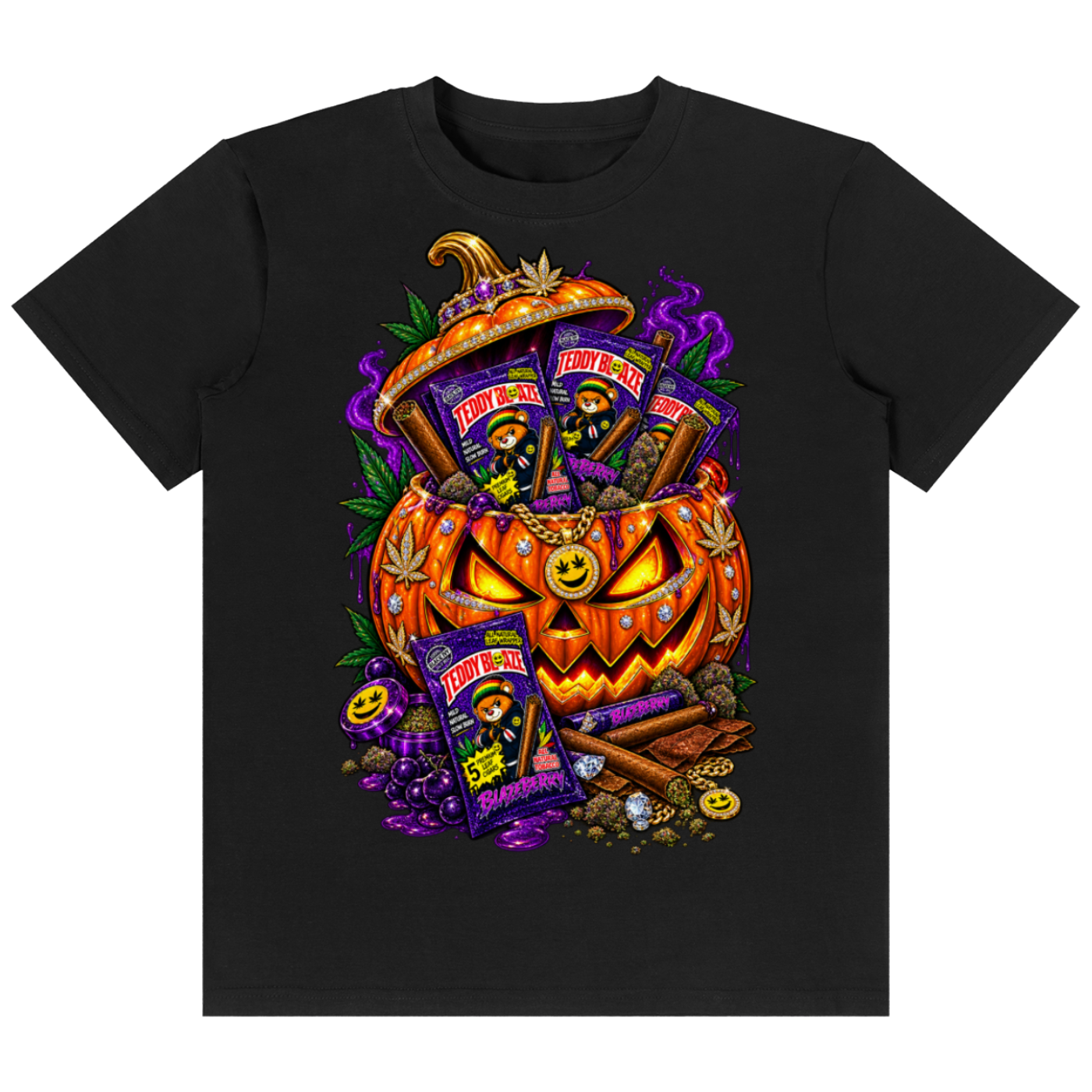 A black short-sleeve crewneck t-shirt featuring a vibrant Halloween graphic print on the front. The graphic depicts a glowing jack-o'-lantern surrounded by purple bags of 'Spooktacular Candy Co.
