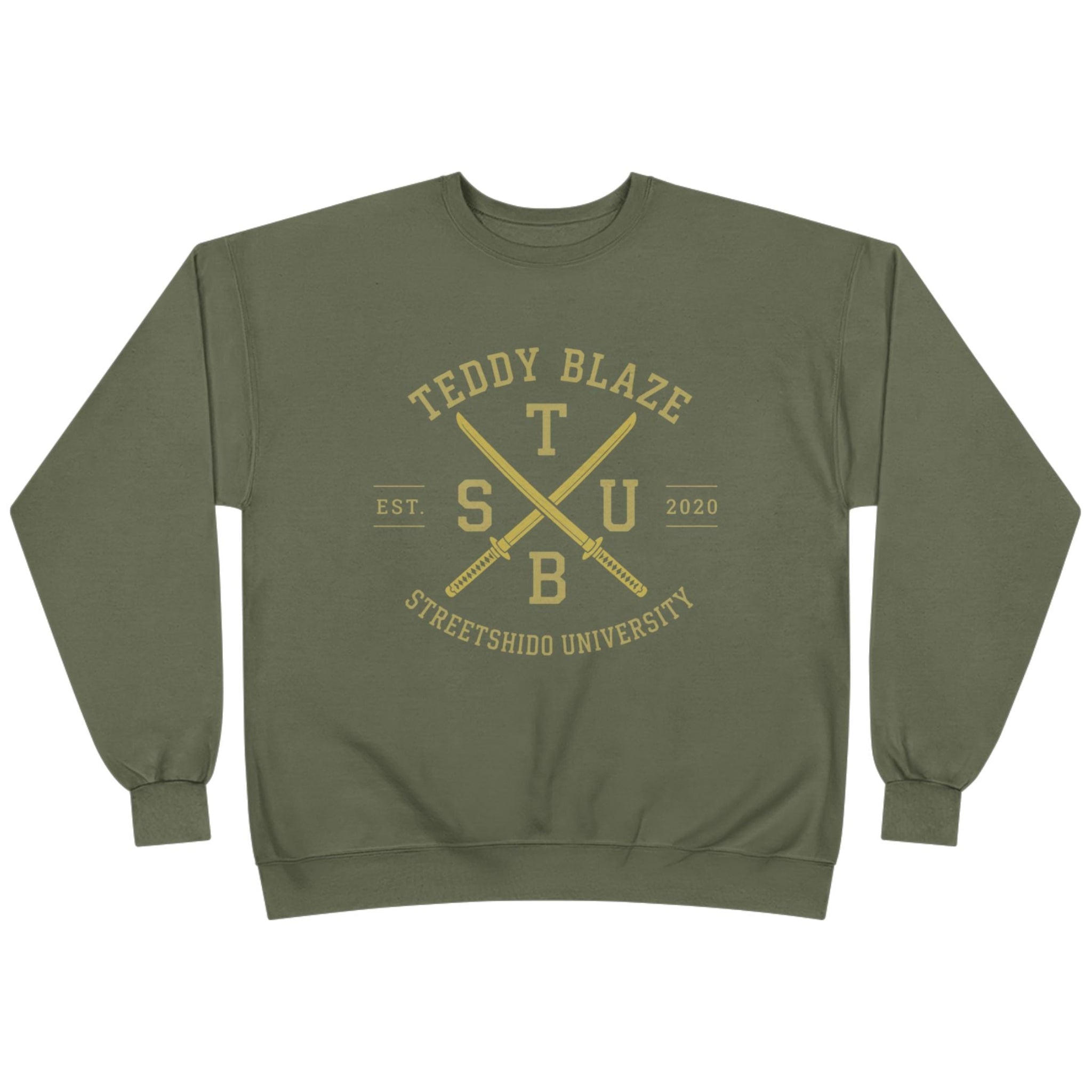 An olive green crewneck sweatshirt with a gold graphic on the chest reading 'TEDDY BLAZE' and 'STREETSHOO UNIVERSITY' around crossed 'TSUB' letters, shown on a plain white background.