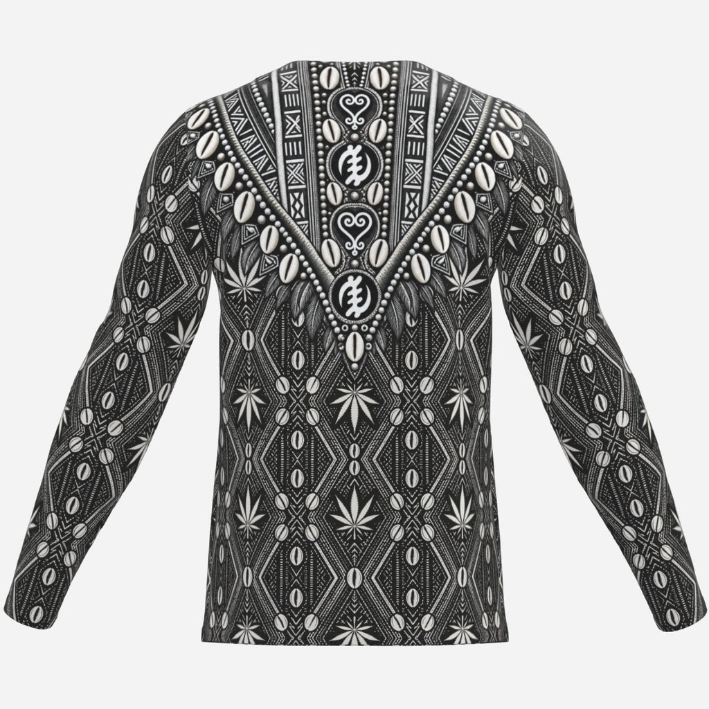 A long-sleeve DaChek™ Dashiki in 190 GSM pearl mesh polyester, finished with a notched collar and bold geometric panel graphics.